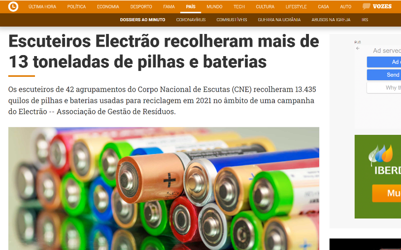 Escuteiros Electrão recolheram mais de 13 toneladas de pilhas e baterias